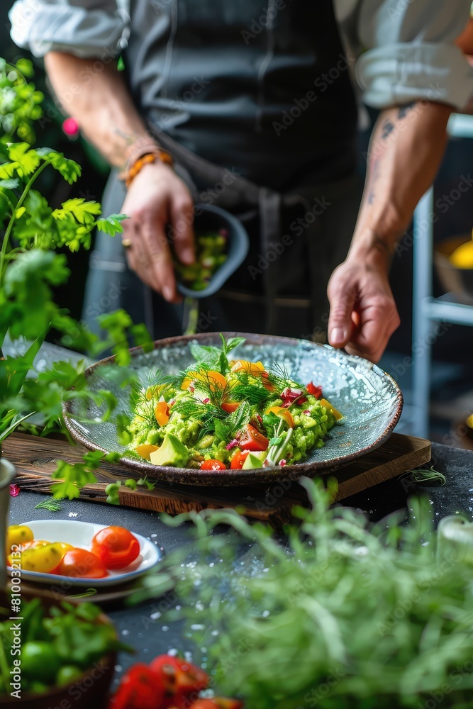 The chef makes a presentation of the dish to be served. Selective focus.
