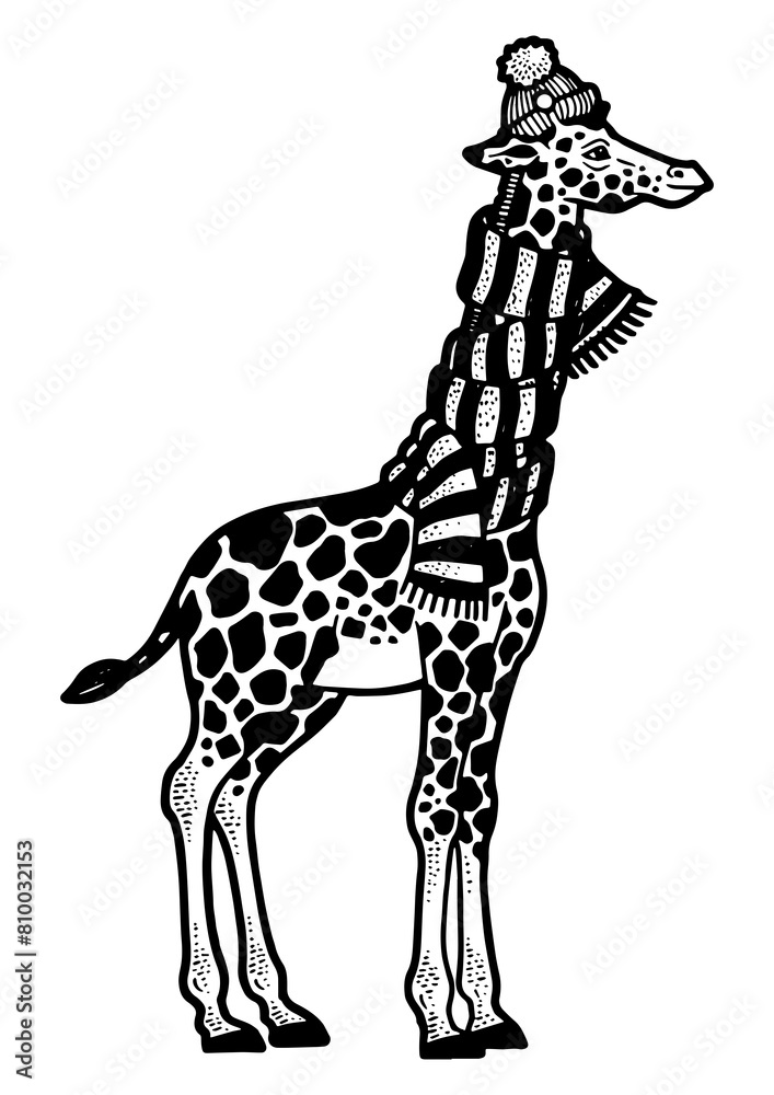 Giraffe in scarf and hat sketch PNG