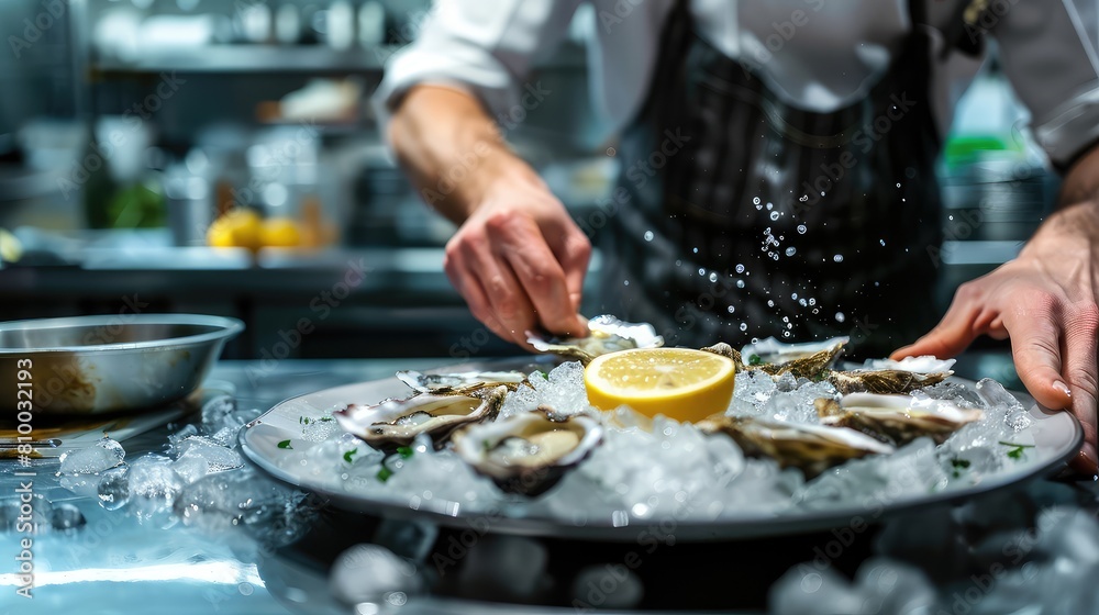 The chef makes a presentation of the dish to be served. Selective focus. The chef makes a presentation of the dish to be served. Selective focus.