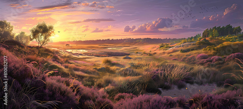 A panoramic view of a bustling heathland during the golden hour  highlighting the vibrant purple and green hues