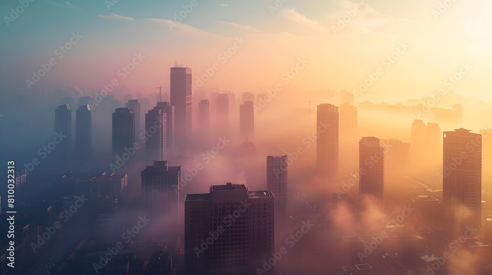 A city skyline is covered in PM2.5 dust, with the sun peeking through the clouds