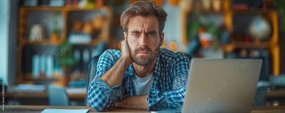 Frustrated man with laptop looks exhausted Frustrated man with laptop looks exhausted