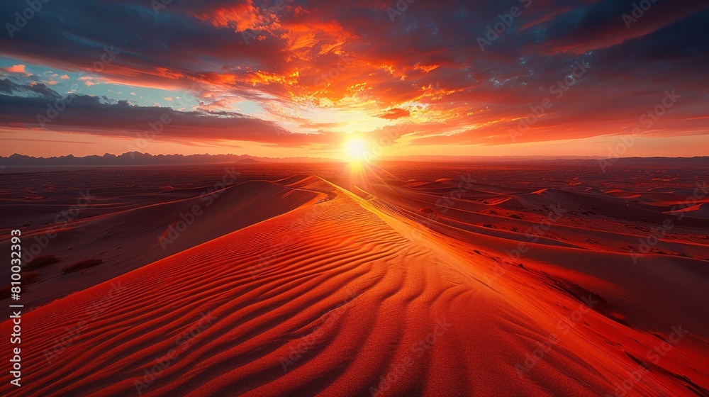 Majestic sunset over rolling sand dunes in a vast desert landscape with vibrant orange and red sky casting deep shadows