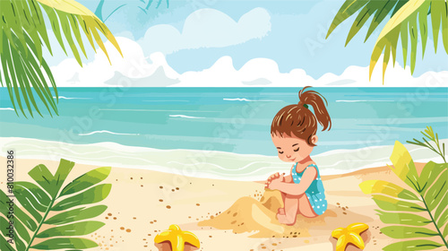 little girl sit playing with sand at the beach Vector