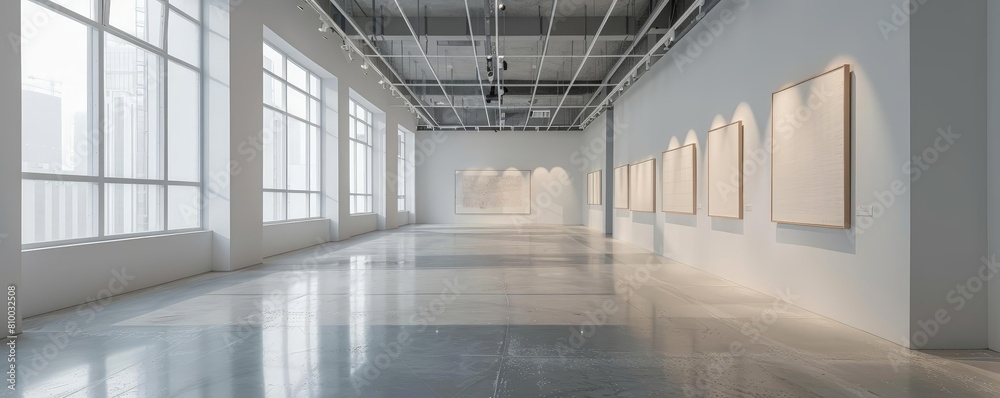 minimalist art gallery exhibition space with white walls, metal ceiling, and shiny floor minimalist art gallery exhibition space with white walls, metal ceiling, and shiny floor