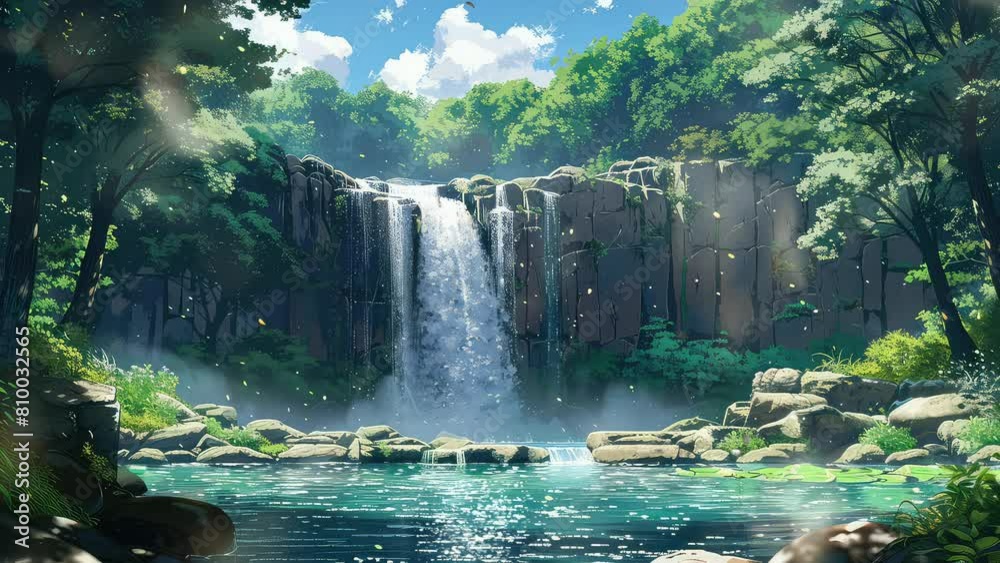 tranquil jungle river waterfall scenery seamless animation 4k video loop. created with ai