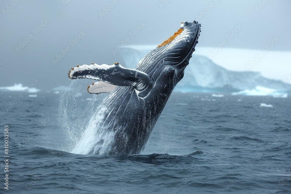 Fototapeta premium A majestic humpback whale emerges from freezing Arctic waters, breaching with iceberg background