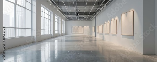 minimalist art gallery exhibition space with white walls  metal ceiling  and shiny floor