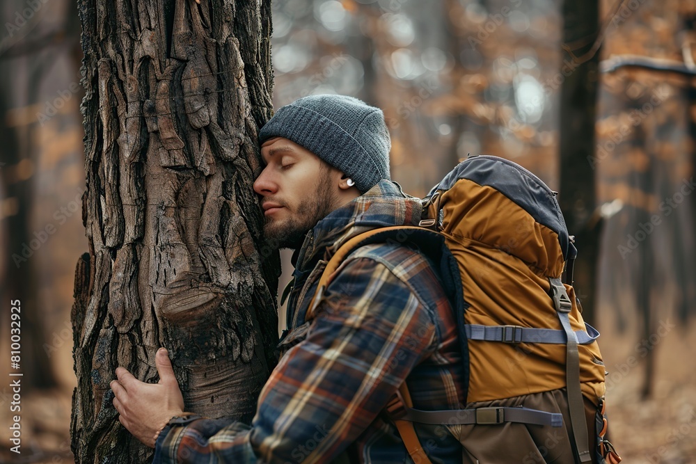 Obraz premium Man Backpack Climbing Up Tree