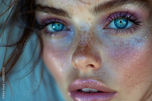 Close-up portrait of a beautiful girl with blue eyes and bright makeup © Nguyen