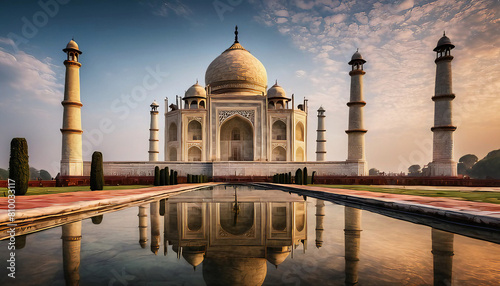 The Taj Mahal reflected perfectly in the still waters of its reflecting pool