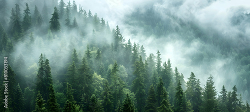 A panoramic view of a misty coniferous forest with towering fir trees enveloped in fog  creating a mystical atmosphere