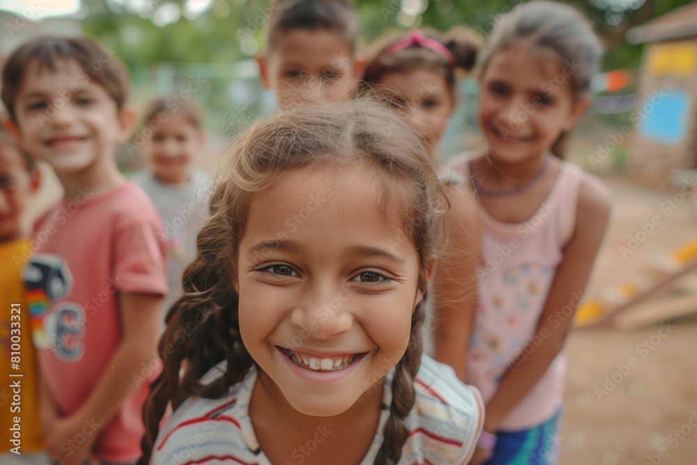 Cheerful children of different skin colors play on the school playground, expressing joy and friendship in a diverse school environment. Cheerful children of different skin colors play on the school playground, expressing joy and friendship in a diverse school environment.