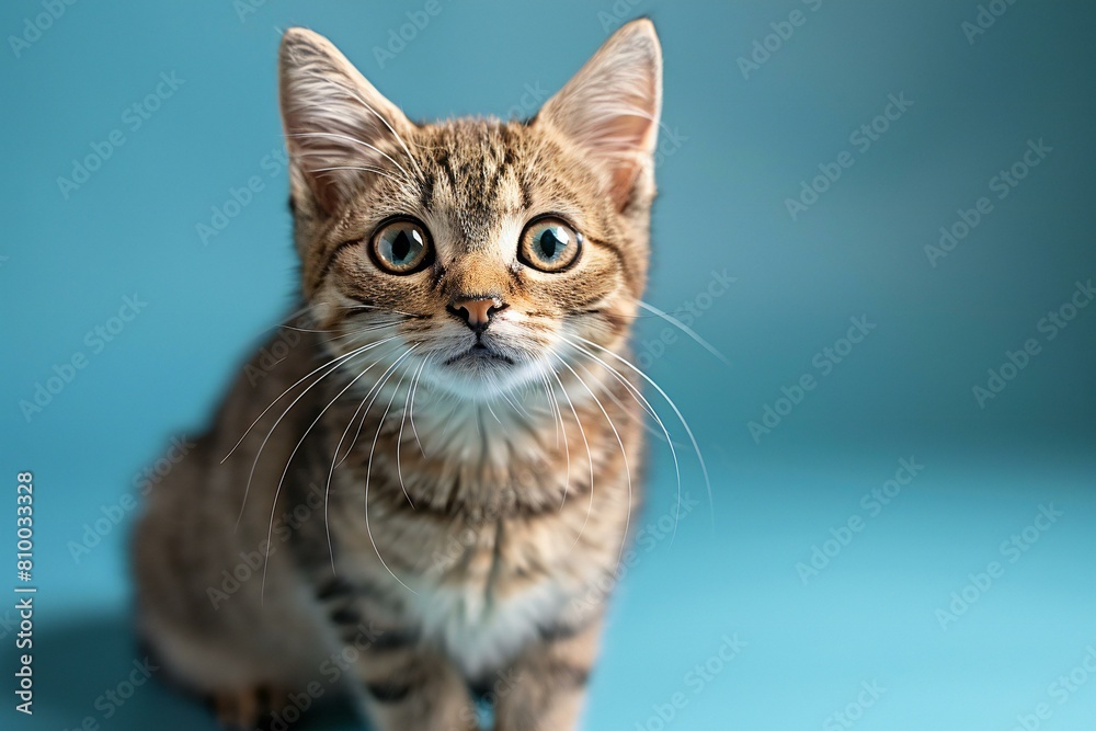 Cute tabby kitten sitting on blue background with copy space