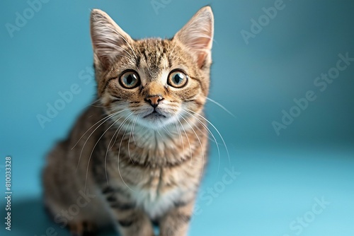 Cute tabby kitten sitting on blue background with copy space © Nguyen