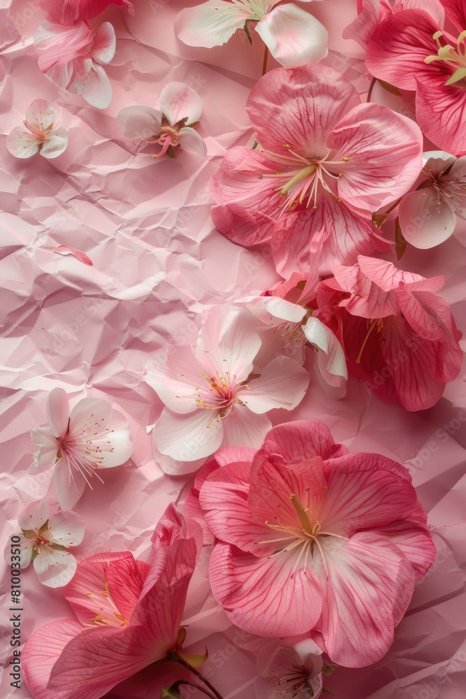 Close up of pink flowers on a pink background. Ideal for spring-themed designs