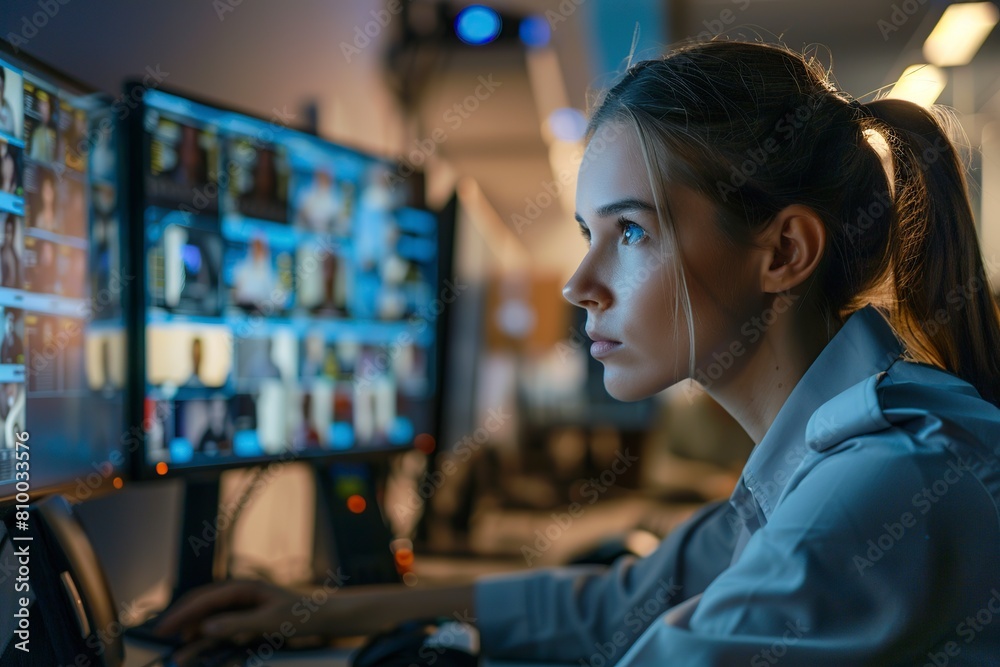 Fototapeta premium Woman Monitoring Multiple Monitors