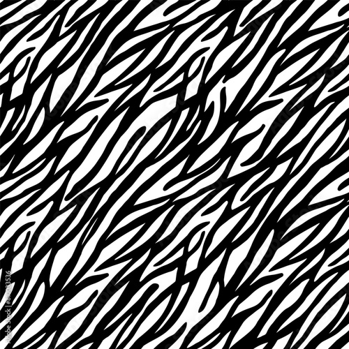 A zebra print pattern is shown in black and white The pattern is very detailed and has a lot of texture. The image has a bold and striking look to it