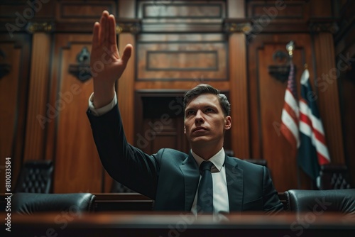 Man in Courtroom With Hands Raised