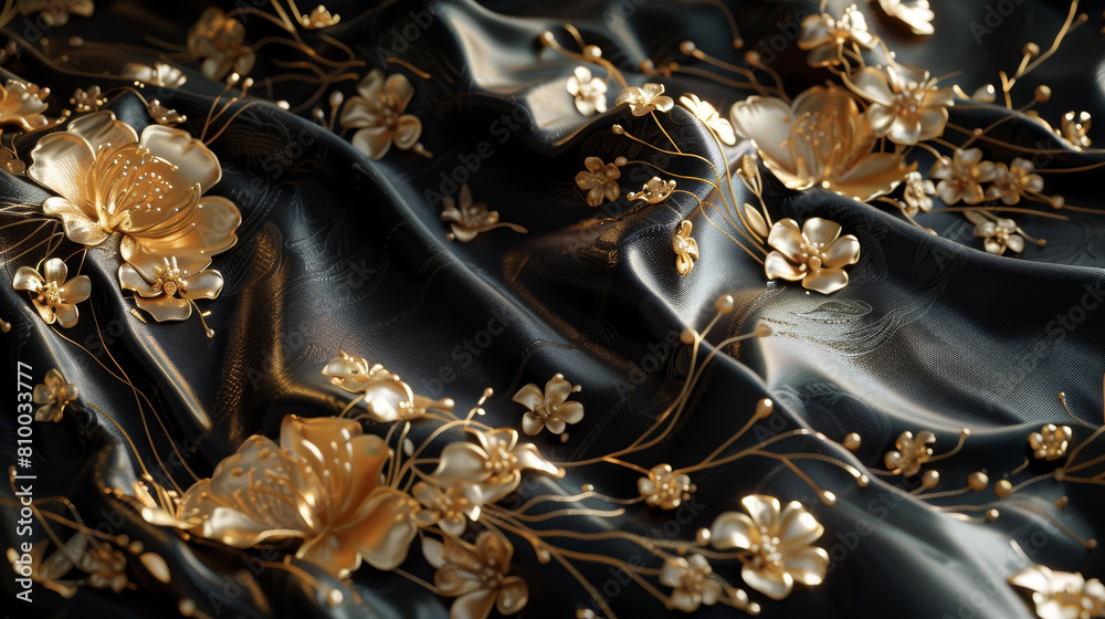 A black and gold fabric with flowers and leaves A black and gold fabric with flowers and leaves