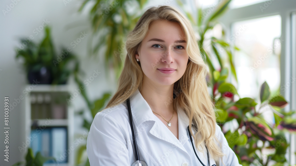 a young female therapist with a phonendoscope around her neck in a bright office with plants. portrait of a blonde, young female doctor smiling at the camera, background with modern office a young female therapist with a phonendoscope around her neck in a bright office with plants. portrait of a blonde, young female doctor smiling at the camera, background with modern office