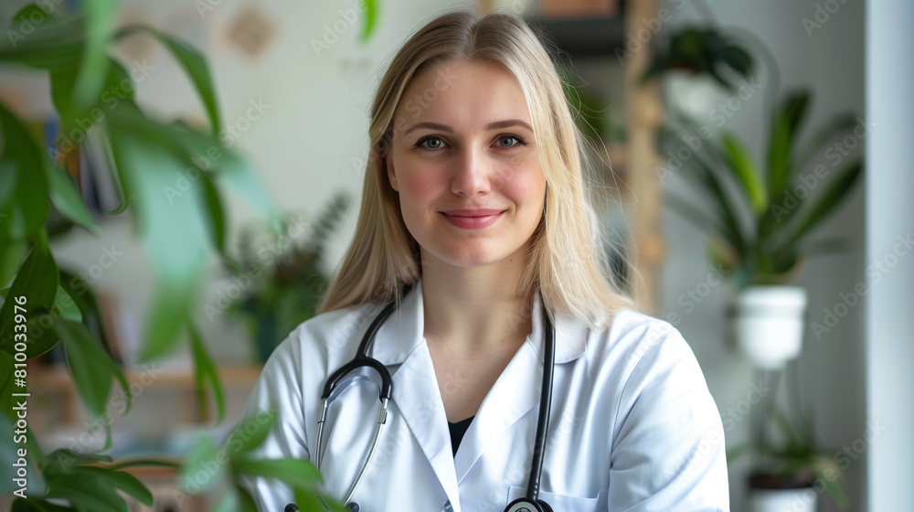 a young female therapist with a phonendoscope around her neck in a bright office with plants. portrait of a blonde, young female doctor smiling at the camera, background with modern office a young female therapist with a phonendoscope around her neck in a bright office with plants. portrait of a blonde, young female doctor smiling at the camera, background with modern office