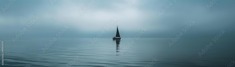 minimalist conceptual photography with surreal elements featuring a small sailboat on calm blue waters under a clear blue sky, with a dark reflection adding depth to the scene