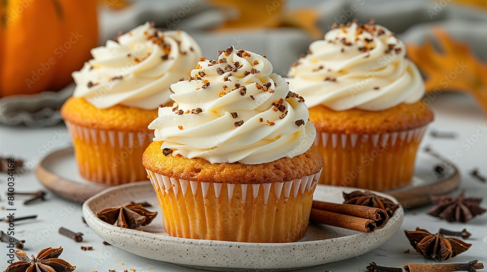 Three cupcakes with white frosting and cinnamon sprinkles on a plate alongside an orange pumpkin Three cupcakes with white frosting and cinnamon sprinkles on a plate alongside an orange pumpkin