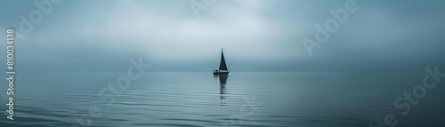 minimalist conceptual photography with surreal elements featuring a small sailboat on calm blue waters under a clear blue sky, with a dark reflection adding depth to the scene
