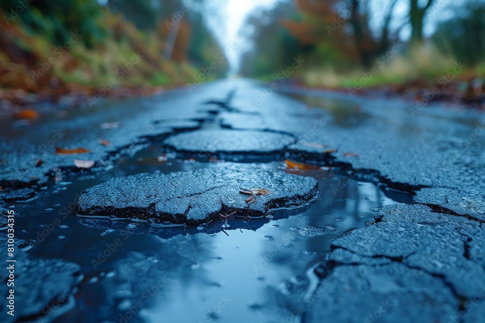 Fototapeta premium A low-angle close-up showcasing the damaged asphalt with reflective water and surrounding foliage
