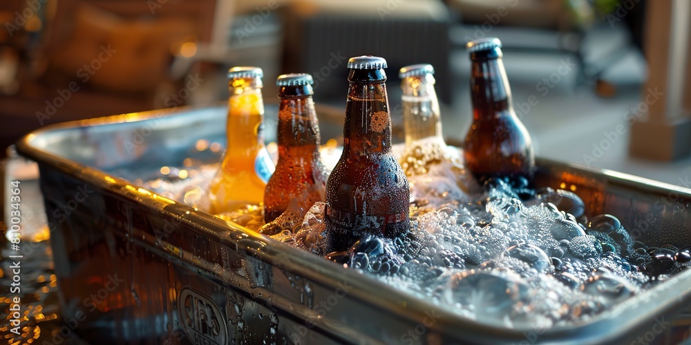 beer bottles chilling in a metal cooler filled with ice.