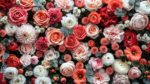   A close-up photo of numerous flowers adorning a wall, surrounded by foliage on either side © Igor