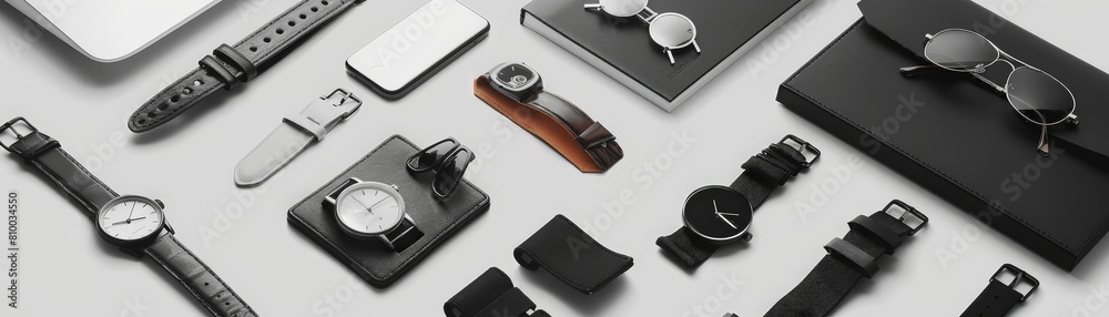 minimalist fashion accessories showcase a variety of styles, including a black watch, silver glasses, and a black and white clock, arranged on a transparent background minimalist fashion accessories showcase a variety of styles, including a black watch, silver glasses, and a black and white clock, arranged on a transparent background