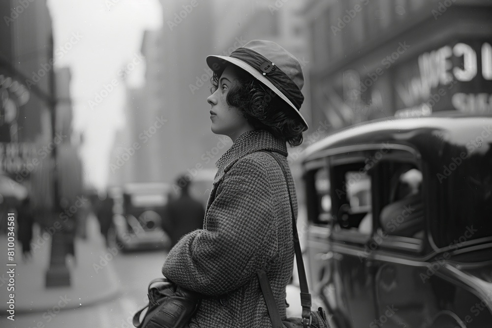 Old Photo of a Woman Standing in the Street Old Photo of a Woman Standing in the Street