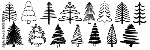 Collection of Christmas trees. Brush painted stylized trees for New Year and Christmas greeting cards, wrapping holiday design.