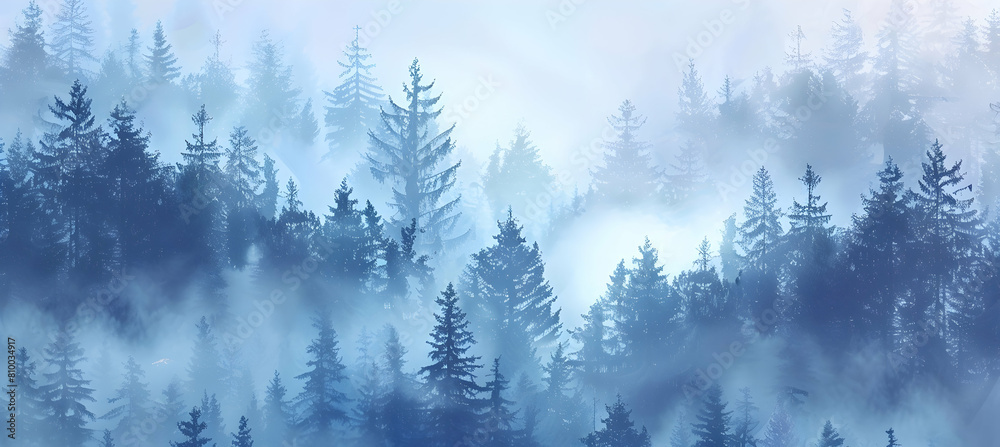 A panoramic view of a misty coniferous forest with towering fir trees enveloped in fog, creating a mystical atmosphere A panoramic view of a misty coniferous forest with towering fir trees enveloped in fog, creating a mystical atmosphere