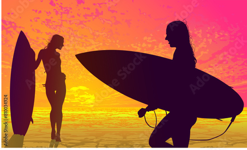surfistas, contraluz, vector, tabla, surf, mar, atardecer, mujer surfista, silueta, tablista, ilustracion, arte surf, rosa, surfista en la playa, chica surf, mujer