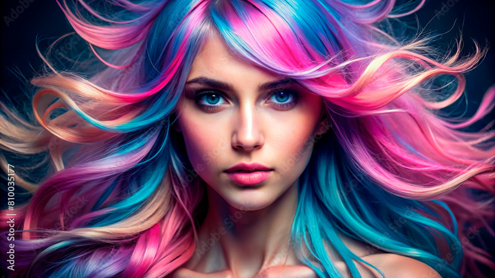 Portrait of a beautiful woman with blue and pink hair