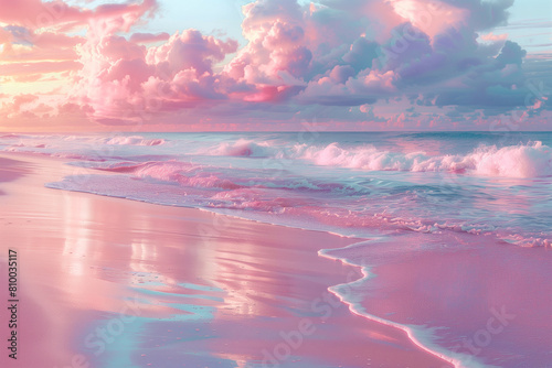 A pink and blue sky with clouds and a pink reflection of the sky