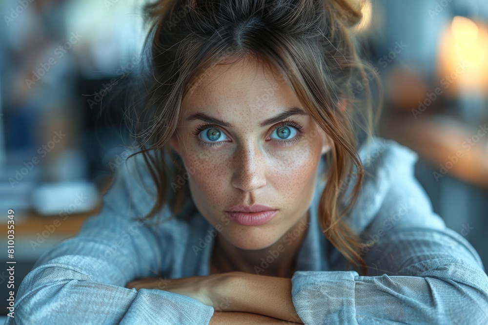 Intense gaze of a focused woman with freckles, leaning on her arms in a bright environment Intense gaze of a focused woman with freckles, leaning on her arms in a bright environment