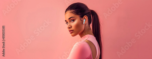 Latina top model with headphones in profile wearing a pink-colored maxi. Pink background. Space for text.