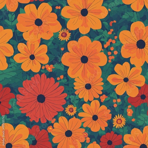 The image you ve provided appears to be a colorful  floral pattern with a variety of flowers and greenery. The flowers are in shades of orange  red  and yellow  and there are also green leaves and ste