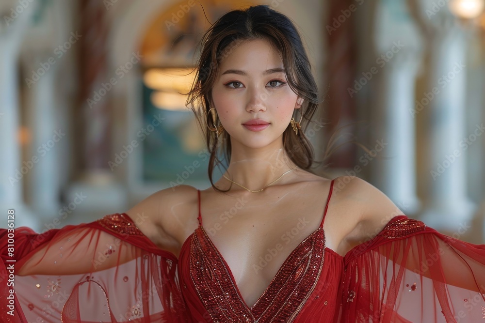 A captivating woman in an elegant red evening gown posing confidently A captivating woman in an elegant red evening gown posing confidently