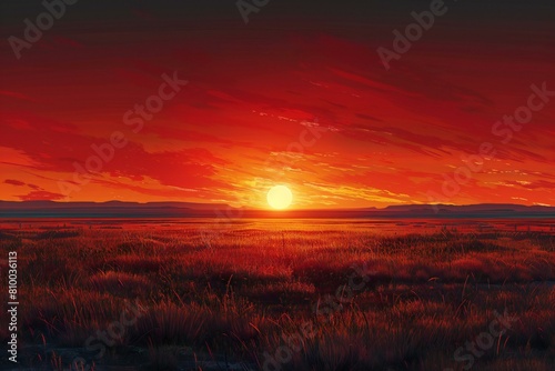 Beautiful sunset in the prairie, rendering, digital drawing