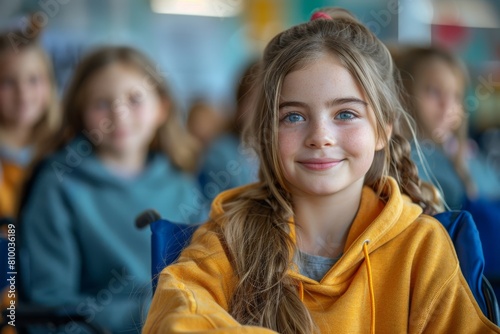Wallpaper Mural The image captures a girl in a yellow hoodie smiling brightly, with blurred schoolmates in the background Torontodigital.ca
