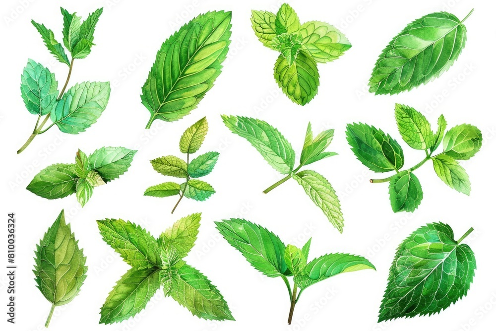 A collection of watercolor leaves on a white background. Perfect for botanical designs A collection of watercolor leaves on a white background. Perfect for botanical designs