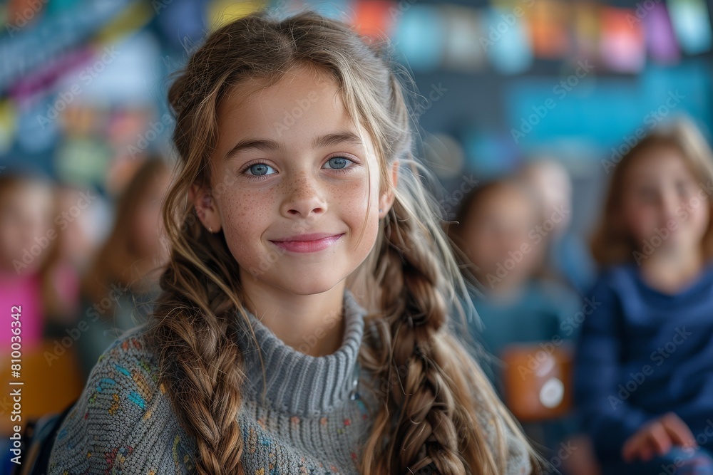 custom made wallpaper toronto digitalA young girl with a braided hairstyle exudes confidence and charm in a classroom setting surrounded by peers