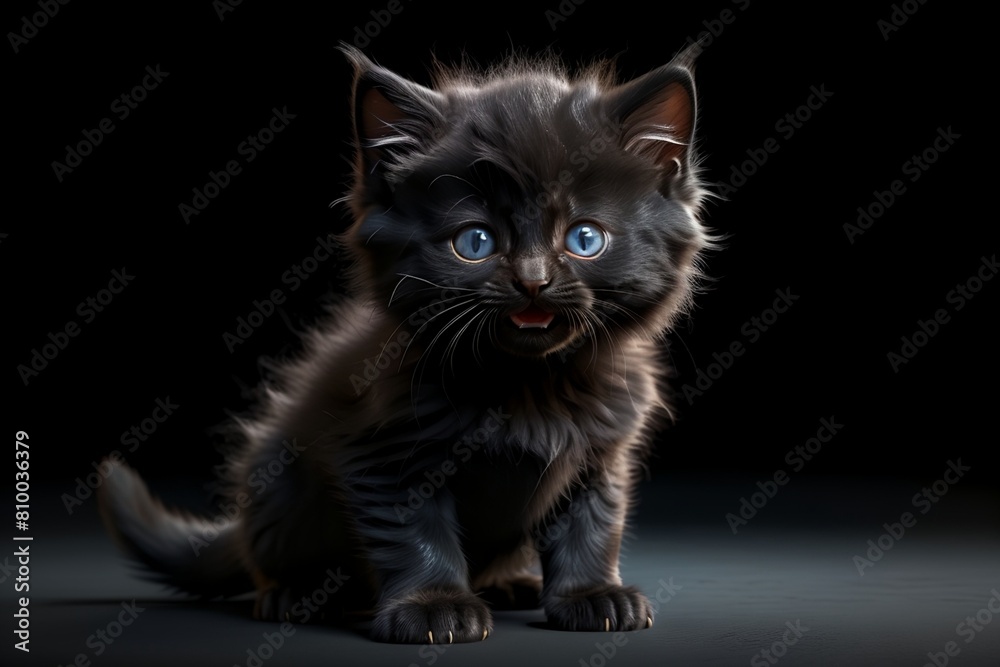 black fluffy kitten, isolated on a black background