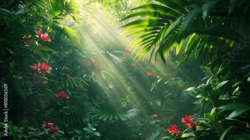 Lush tropical rainforest illuminated by heavenly sunlight piercing through dense foliage evokes a dreamlike paradise.