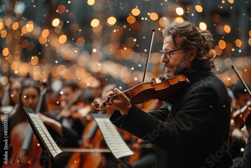 A male violinist is deeply focused while performing, with a vibrant, bokeh light background enhancing the scene